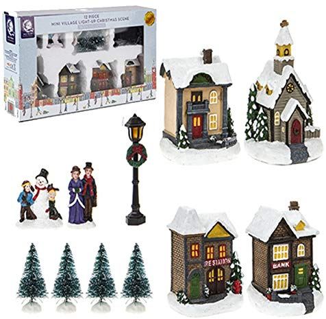 Toyland Mini Village Light Up Christmas Scene | 12 Piece Set | Multicoloured | 47 cm x 58 cm x 36 cm