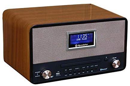 Roadstar DAB Nostalgie Retro-Radio mit Bluetooth und CD / MP3 Player im Holzgehäuse mit Weck-Funktion (USB, AUX-In, RDS), 2 x 15 Watt RMS, braun