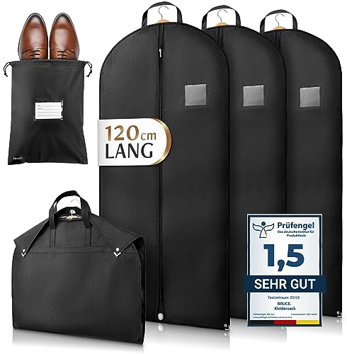 Bruce.® 3x Kleidersack Kurz 120x60 cm inkl. 1x Schuhbeutel – Hochwertige Kleiderhülle für Anzug, Blazer, Kostüm & Kleid – 120 GSM Materialstärke – Anzugtasche für Reisen & Aufbewahrung
