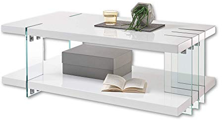 Stella Trading DALLAS Eleganter Couchtisch weiß Hochglanz auf fünf Glaswangen - stylisher Sofatisch mit Ablage für Ihren Wohnbereich - 110 x 40 x 60 cm (B/H/T)