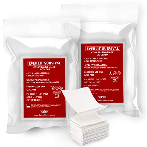 Everlit [2 Pack] Z-Folded Compressed Sterile Gauze 4.5 x 4.1 Yards, 6-Ply White Cotton, Essential First Aid and Stop The Bleed Kit Supply for Home, Medical, and Tactical Emergency Use (2)
