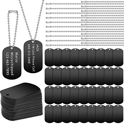 Yinkin 200 Pcs Personalized Military Dog Tags Set Including 100 Pcs Aluminum Blank Dog Tags for Engraving 100 Ball Steel Chain Rectangle Metal Blank Stamping Label for DIY Craft(Black)