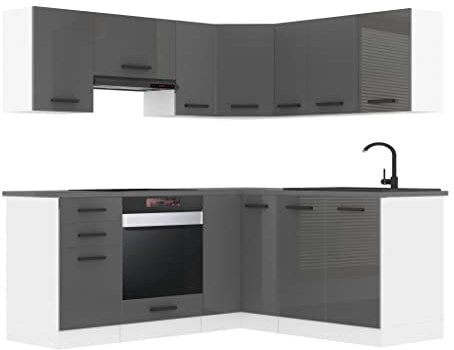 Belini Küchenzeile Küchenblock Küche L-Form Sarah Küchenmöbel mit Griffe, Einbauküche ohne Elektrogeräten mit Hängeschränke und Unterschränke, ohne Arbeitsplatten, Silber Hochglanz