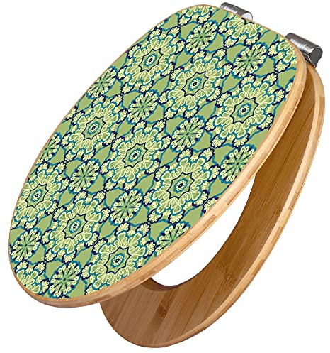 banjado Design WC Sitz Bambus Absenkautomatik 45,8x37,5cm / Toilettendeckel mit Absenkautomatik Holz/hochwertiger Bambus Klodeckel/WC-Sitz für gängigen Toiletten/Motiv Kaleidoscop Grün