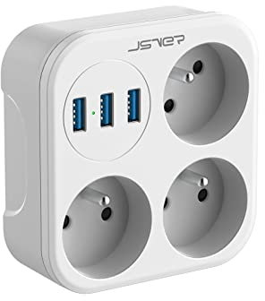 Prise Multiple USB Murale, JSVER FR Multiprise Murale 16A 3 Prises AC et 3 Ports USB(5V/3,1A, 15,5W) Prise Universelle Electrique pour Domicile/Bureau/Voyages -Blanc