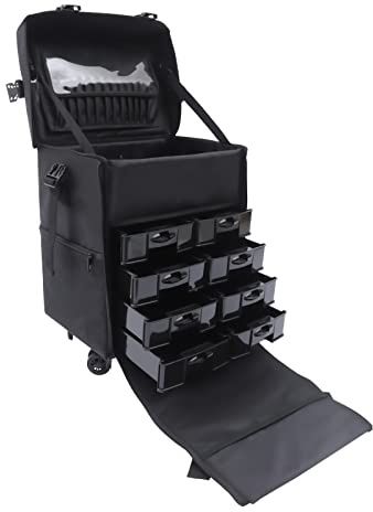 Make up Koffer mit Aufbewahrungsschubladen und 2 in 1 Omnidirektionale Räder für Reise Wasserdicht Nylon Material Kosmetikkoffer Beauty Case Reisetrolley Friseurkoffer Kosmetik Trolley Schwarz