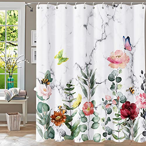 YiarTaan Floral Shower Curtain, Marble Flower Shower Curtains for Bathroom, Watercolor Plant Bathroom Curtain, Fabric Shower Curtains for Home Hotels Bathtubs Decor Easy Care Machine Washable 72x72