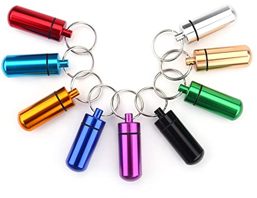 RiToEasysports Pillendose mit Schlüsselanhänger, 9-teilige Aluminium-Pillenbox, Wasserdicht, Mini-Pillen-Organizer mit Schlüsselanhänger, Outdoor-Medizinhalter