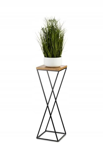 HowHomely Support pour plantes en métal - 70 cm de haut - Tabouret stable et solide avec aspect chêne - Panneau MDF sur support noir - Support de fleurs pour décoration intérieure