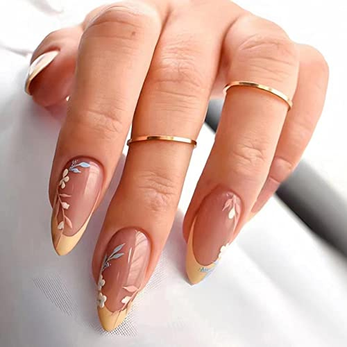 Ceboic 24 Stück Mandel Nägel Zum Aufkleben Kurz, Glossy French Yellow Leaves Künstliche Nägel, Stiletto Acryl Kunstnägel Press on Nails Almond Fingernägel Fake Nails für Frauen und Mädchen