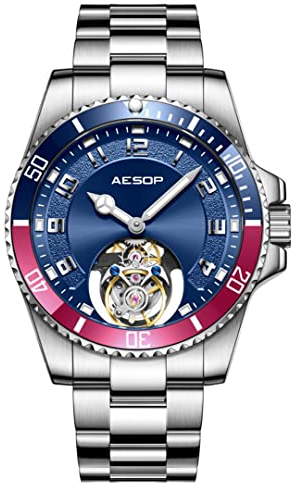 Aesop Tourbillon Herrenuhren Einseitig drehbare Lünette Mechanische Handaufzug Armbanduhren Leuchtendes Saphirglas Luxusuhr für Herren 7065(Blaues Zifferblatt-Rose)