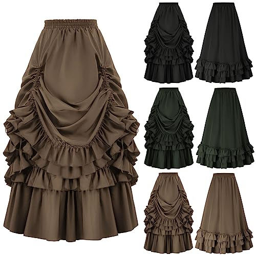 Women Victorian Skirt High Waist Medieval Maxi Skirt Ladies Multi Layered Skirt Midi Fancy Dress Gothic Skirt Vintage Steampunk Skirt Halloween Party Costume Adjustable Ruffle A-line Pleated Skirts