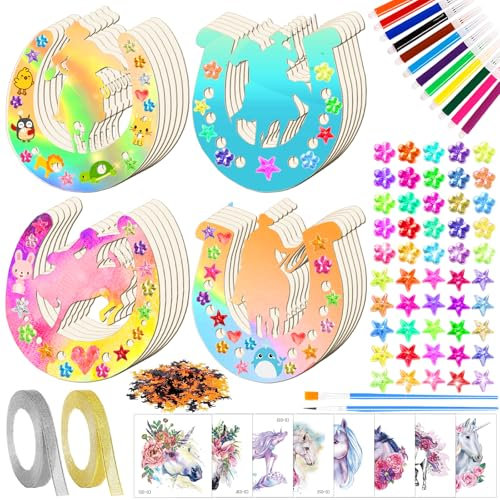 PIWOSGOL Hufeisen Holz, 24 Stück Hufeisen Kindergeburtstag, Scheiben Hufeisen mit Glitzersteinen, Aquarellstift, Tattoo Stickers, Pferd Konfetti, Glitzerband, Holz Hufeisen Basteln für Kinder Party