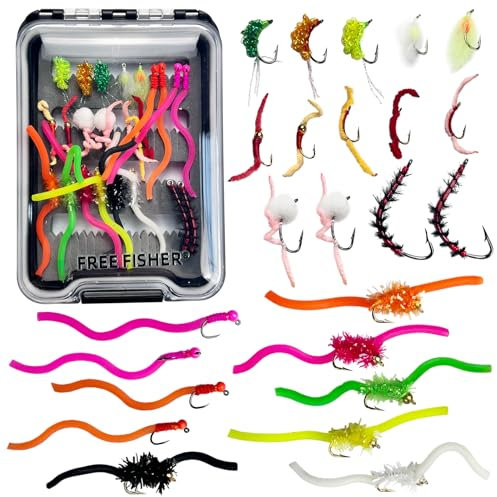 FREE FISHER Angelfliegen-Set, Nass-Nyphmen, Wurmfliegen, Ei-Fliegen, Hasen-Stößel, Caddis, Wurmfliegen, Sortimentsset mit Box #6#10#12#14, 24-teilig