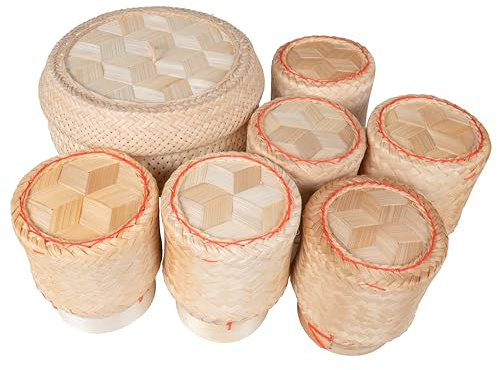 CCcollections Traditional Handmade Bamboo Sticky Rice Basket - Serving Basket for Rice (Set Steamer-6 Round)