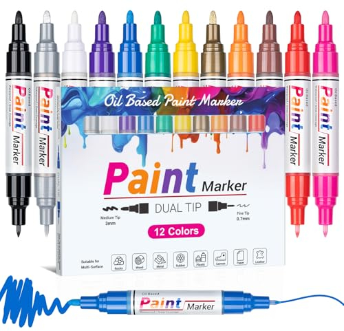 Permanent Marker Wasserfeste Stifte Lackstift: 12 Dual Tip Permanent Markers Wasserfest für Steine Holz Glas Keramik Plastik Metall Basteln, Permanent Marker Fein Paint Marker Bunte Glasmalstifte