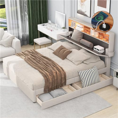 Gepolstertes Doppelbett 140 X 200 cm Mit USB-Aufladung, Led-Beleuchtung, Verstellbarem Kopfteil Und Zwei Schubladen, Geeignet Für Erwachsene Und Jugendliche(Color:Beige)