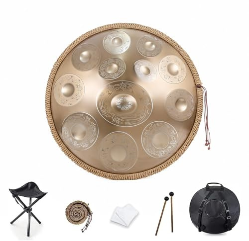 WOLWES Handpan Drum D Minor 9/10/12 Notes 22 Inch 432HZ/440HZ Gold Handpan Drum For Beginners, Professionals and Music Therapists Personal Meditation Sound Healing