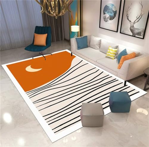 QGYFRE Flur Teppich Large Square Floor Cushions Velvet Eppich Wohnzimmer 70x140CM Auslegware Teppichboden orange Farbe Schwarzer, moderner Streifendesign-Teppich, leicht zu reinigen