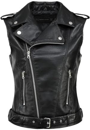 Damen Streetwear PU Weste Übergröße Faux Schaffell Revers Mantel Moto Biker Weste Ärmellos Lederjacke, Schwarz , M