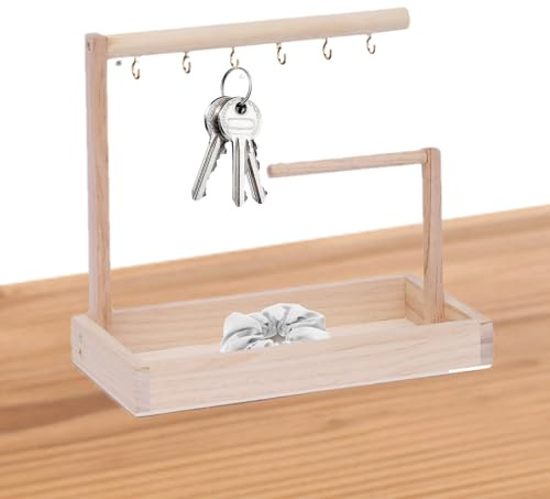 Bandeja para llaves para mesa de entrada, soporte para joyas, soporte para aretes, estante de almacenamiento de joyas con 6 ganchos, organizador decorativo de encimera para aros largos y grandes | Pendientes de aro largos y grandes y estables para baño, bandeja de tocador, entrada, pared