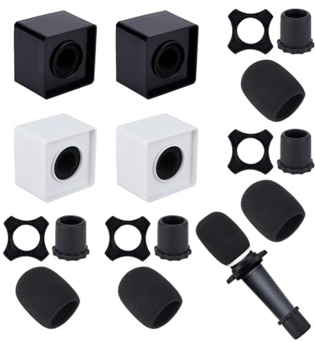 OLYCRAFT 4 ensembles support de Microphone Carré Noir et Blanc avec 12 accessoires de Microphone Station de Drapeau de Microphone Logo de Micro Carré Accessoires pour Interview KTV Journaliste
