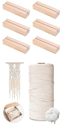 AiQInu Bundle of Kartenhalter Holz, 6 Stück Menükartenhalter aus Buchenholz Makramee Garn 2mm x 200m, 100% Natürliche Baumwollgarn für Basteln, Wandbehang