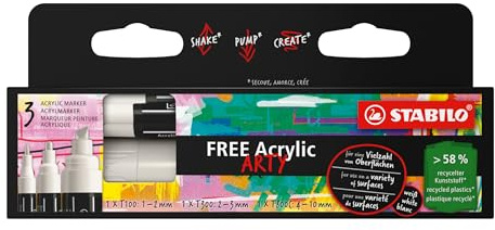 STABILO - Acrylmarker - FREE Acrylic | 3er Pack, weiß, 3 verschiedene Spitzen