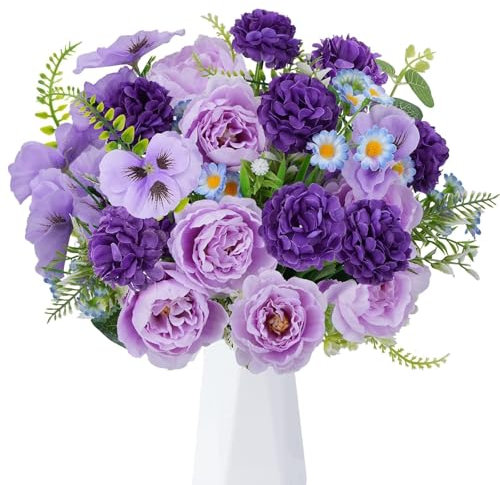 Zythrem Artificial Flowers Fake Peonies Mix Pansy Hydrangea Flowers Bouquet Purple Silk Flowers for Graves, Wedding, Party, Home, Outdoor & Indoor, Artificial Flowers for Graves