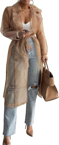 Goolecrimp Trench Elegante da Donna in Tulle in Rete di Organza Trasparente Trench Coat con Risvolto a Fessura Cardigan Lungo con Lacci Doppiopetto (Kaki,XL)