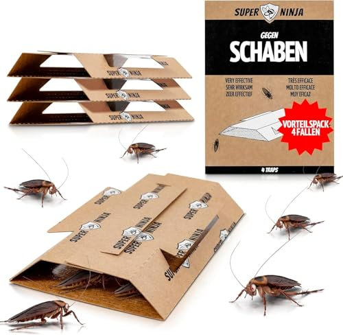 Super Ninja Trampas para Cucarachas – Pack de 4 Unidades, Trampa Adhesiva con atrayente Natural, Mata cucarachas sin tóxicos, Ideal para casa, Cocina, Garaje y despensa, duración hasta 3 Meses