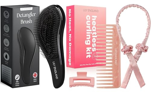 Black Detangling Brush with Heatless Curling Kit – Effortless Hair Care Bundle for Tangle-Free Styling and Heat-Free Curls