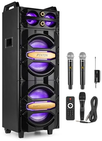 Fenton LIVE2102 Karaoke System, 800W House Party Speaker, Bluetooth, LED | Dual 10-inch woofers, sound-reactive lighting, wired & wireless mics included