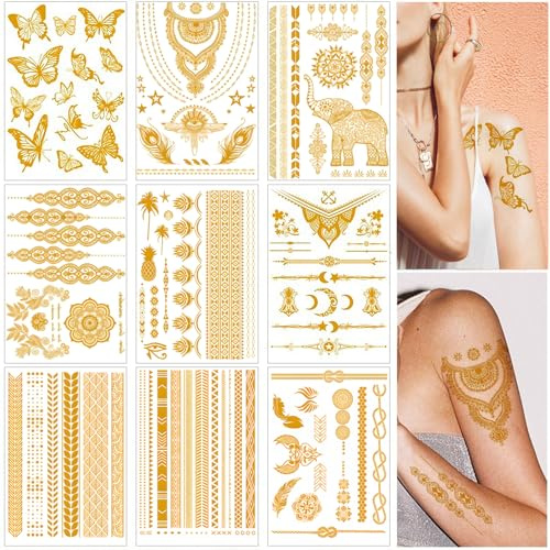 Dtoterul 9 Fogli Tatuaggio Temporaneo di Oro, Tatuaggi Temporanei Metallico, Impermeabili Tatuaggi Flash D'oro, Adatto per Festival, Set per Tatuaggi Temporanei Impermeabile e Adatto Alle Feste