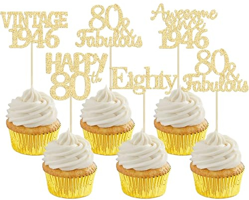 Gyufise 30Pcs Vintage 1946 Cupcake Toppers Glitter Eighty Happy 80th Birthday 80 Fabulous Cupcake Picks Awesome Since 1946 Cake Decorations for 80th Birthday Anniversary Retirement Party Supplies Gold