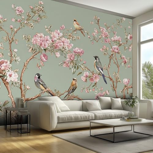 Générique Papier Peint Intissé Fleurs Oiseau Chinoiserie Motif Floral - Papier Peint Panoramique pour Salon, Chambre, Grandes Poster Décor pour Fond TV, Photo Mural 100 x 70 cm x91