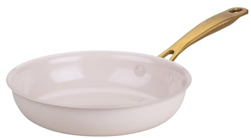 Fackelmann x Pamela Reif Bratpfanne Ø 20 cm – recyceltes Aluminium, PFAS-freie keramische Beschichtung, pastellbeige, goldgelber Edelstahlgriff, für alle Herdarten geeignet
