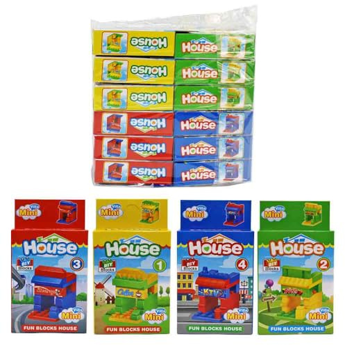 BEMIRO Bausteine Häuser Set, 12 Stück, 13 cm, 4 Designs, Kinderspielzeug ab 3 Jahren, Bunte Bauklötze im Beutel