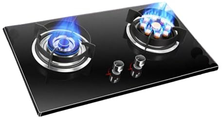 Cuisinière À Gaz Portable, Poêle À Frire Haute Puissance 7,2 KW À 9 Cavités, Plaque De Cuisson À Gaz Intérieure À 2 Brûleurs, Grille En Fonte Et Verre Trempé(Black,NG)