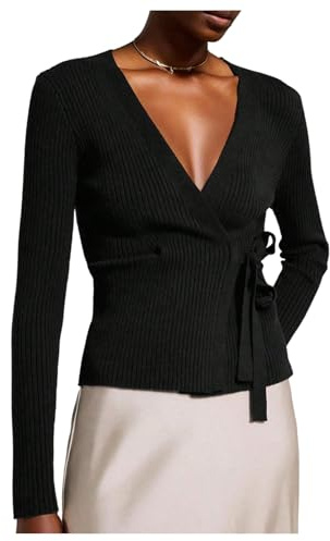 SweatyRocks Women's Wrap V Neck Tie Waist Cardigans Cozy Fitted Ribbed Knit Lightweight Sweater Black Large