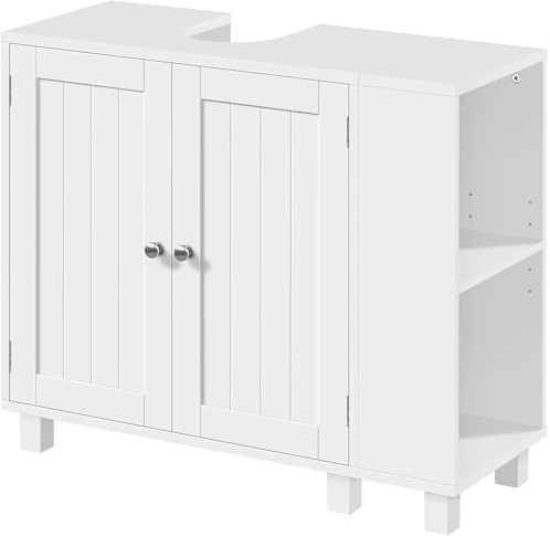 Abician Meuble sous Lavabo, Meuble de Salle de Bain, avec 2 Portes, Étagère Réglable, 2 Cases Derrière la Porte, pour Lavabos sur Colonne, avec Pieds, 75x30x62 cm, Blanc