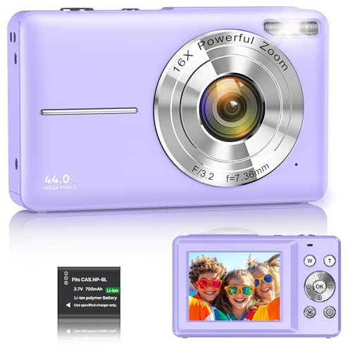 Digital Camera 1080P 44MP Vlogging Camera for Kids Teens, FHD Compact Portable Photo Camera with 2.4 Screen 16X Zoom, Anti-shake Mini Camera for Beginners Students Boys Girls-Purple（No SD Card)