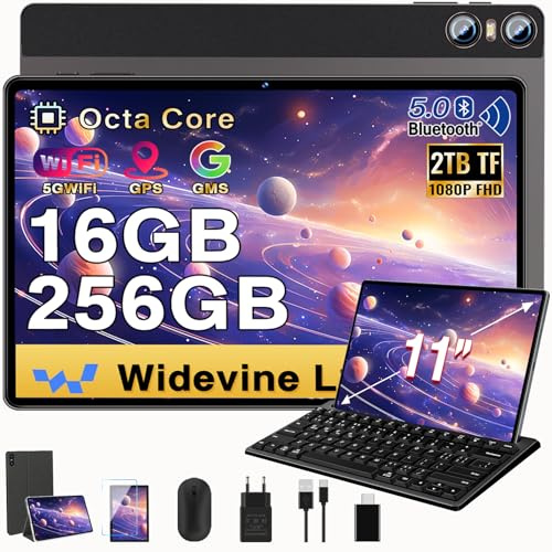 BIEGEDY Tablet 11 Pulgadas Pantalla 2K PC 16GB RAM + 256GB ROM + TF 1TB, 10000 mAh/Octa-Core 2.0 GHz / 8MP+20MP+2MP Macro/ 2000 * 1200 Pixels / 5G WiFi/BT5.0/ Tablet con Ratón Teclado Marrón