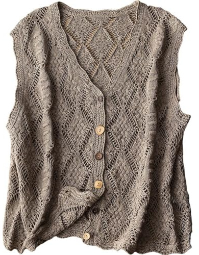 Dinntty Chaleco De Punto De Ganchillo para Mujer, Cárdigan De Verano Sin Mangas con Cuello En V Y Estampado Floral Calado, Suéter Abierto Informal De Estilo Retro.