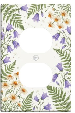 Bellflower Duplex Outlet Covers Wall Plate, Floral Natural Fern Chrysanthemum Spring Violet Plastic Standard Size Face Plates for Electrical Outlets for Living Room Bedroom Home Office Decor
