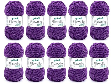 Gründl filtull uni (ull för filning, stickning och virkning, garn tillverkat av 100% ny ull, 50 g/50 m, nåltjocklek: 8 – 9, 10 x 50 g), lila, 31 x 32 x 7,5 cm