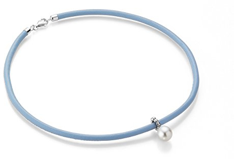YoungDiamondFashion YDF Original Pretty-Pearl Echtleder-Halsband hellblau mit echtem Diamant 0,01 Karat 925 Sterlingsilber und echter Süßwasser-Perle Kugelring Länge 42 cm Maßanfertigung