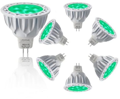 JSVSAL (6-Pack Not Dimmable Green MR16 GU5.3 Bi-Pin Base LED Bulbs,5W,20W 35W 50W Halogen Equivalent,AC/DC 12V Low Voltage,40 gradi Faretti per Landscape Yard Garden Tree Pool Holiday Lighting
