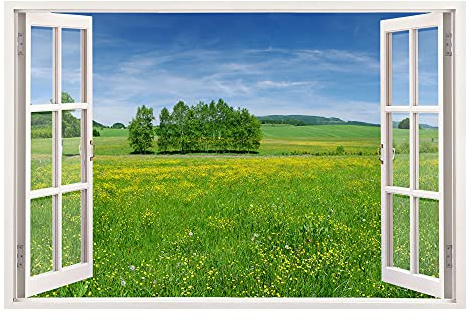 Advertising & Displays Werbecenter Berlin GmbH Leinwandbild mit Fensterblick - Wiese 90 x 60 cm - Keilrahmen mit Druck