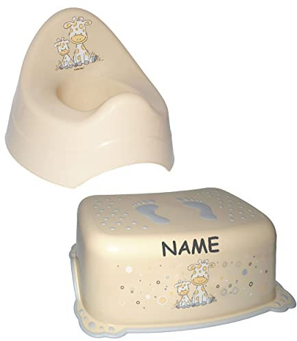 2 TLG. Set: rutschfest ! - Trittschemel & Töpfchen/Nachttopf - Giraffe - Creme - incl. Name - Tritthocker/Kindersitz - Kinderschemel & Kindertritt - g..